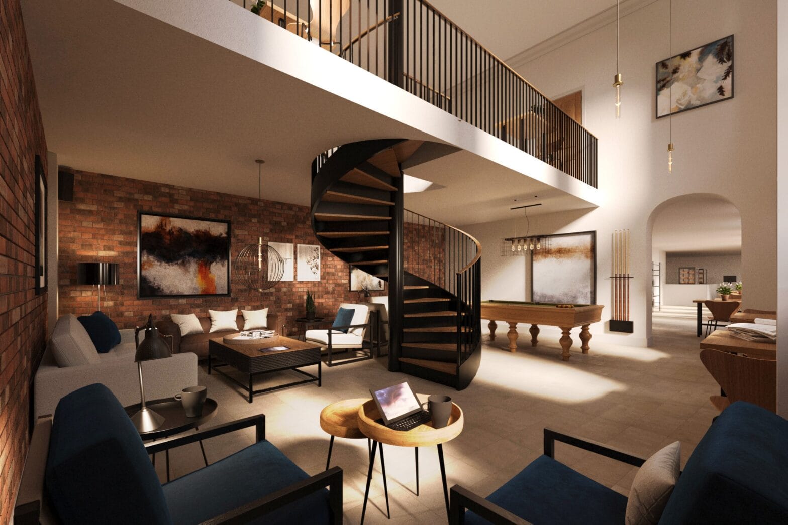 Professional interior visualisation services showing proposed Wycliffe Hall Oxford Common Room with double-height space, spiral staircase, exposed brick feature wall, and contemporary furnishings.